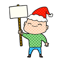 happy comic book style illustration of a bald man wearing santa hat