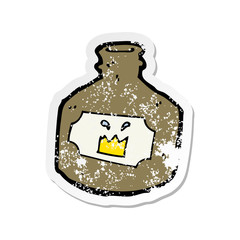 retro distressed sticker of a cartoon old whiskey bottle