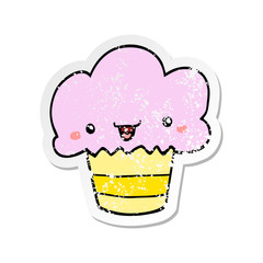 distressed sticker of a cartoon cupcake with face