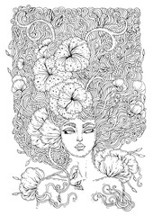 Vector drawn magical forest fairy with curly hair with weave interwoven flowers. Girl nymph goddess of the spring bloom. Ornamental decorated graphic Coloring  page print t-shirts mythical characters.