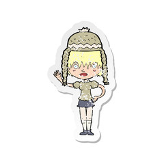 retro distressed sticker of a cartoon woman wearing winter hat