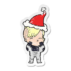 distressed sticker cartoon of a girl wearing futuristic clothes wearing santa hat