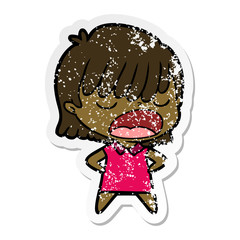 distressed sticker of a cartoon woman talking loudly