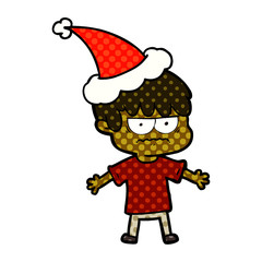 annoyed comic book style illustration of a boy wearing santa hat