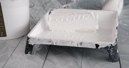 Female hand loading paint roller from palette of liquid paint