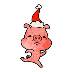 textured cartoon of a annoyed pig running wearing santa hat