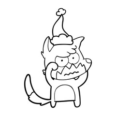line drawing of a annoyed fox wearing santa hat