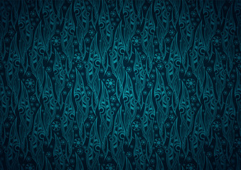 Vector floral background of stylized leaves pattern in Royal, Damascus style. Floral, organic vintage with gradient in dark, gothic black and green,blue colors