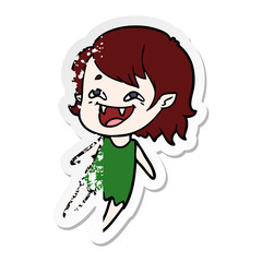 distressed sticker of a cartoon laughing vampire girl