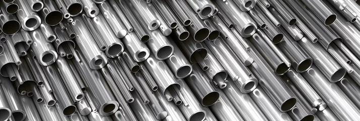 Foto op Plexiglas Close-up set van verschillende diameters metalen ronde buizen, pijpen, geweerlopen en pitten. Industriële 3d illustratie © Inok