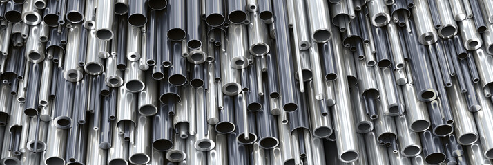 Close-up set of different diameters metal round tubes and kernels. Industrial 3d illustration