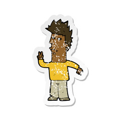 retro distressed sticker of a cartoon man giving peace sign