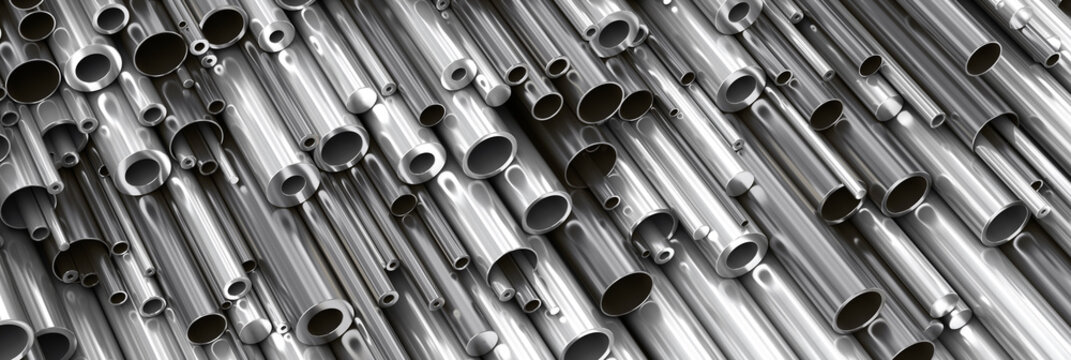 Close-up set of different diameters metal round tubes, pipes, gun barrels  and kernels. Industrial 3d illustration
