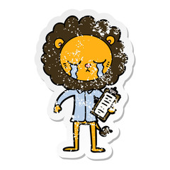 distressed sticker of a crying cartoon lion
