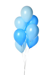 Bunch of blue latex blue round balloons composition for birthday or valentines day party on white