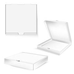 White cardboard box package for pizza. Realistic 3d empty mock up isolated vector illustration