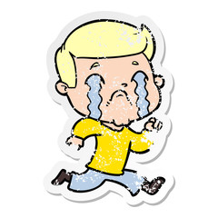 distressed sticker of a cartoon man crying