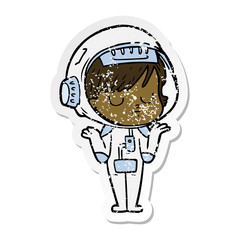 distressed sticker of a cartoon astronaut woman
