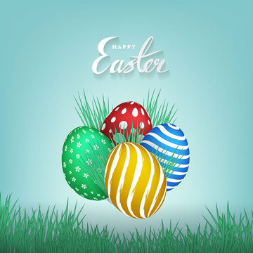 Happy Easter lettering background with in the grass realistic shine colored eggs
