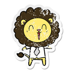 distressed sticker of a laughing lion cartoon