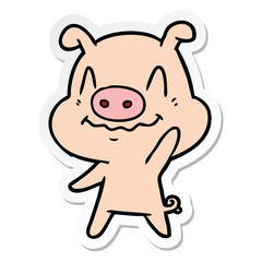 sticker of a nervous cartoon pig waving