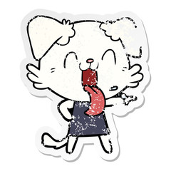 distressed sticker of a cartoon panting dog in dress