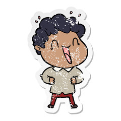 distressed sticker of a cartoon happy man