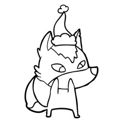 shy line drawing of a wolf wearing santa hat
