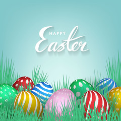 Happy Easter lettering background with in the grass realistic shine colored eggs