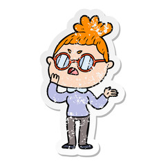 distressed sticker of a cartoon annoyed woman
