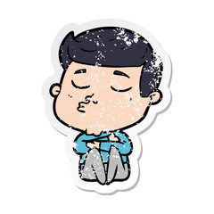 distressed sticker of a cartoon model guy pouting