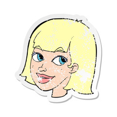 retro distressed sticker of a cartoon happy female face