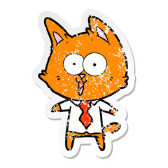 distressed sticker of a funny cartoon cat wearing shirt and tie