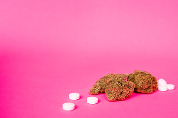 Cannabis marijuana flowers and prescription narcotic pills. Alternative medicine, addiction treatment. Close up on pink background.