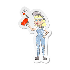 retro distressed sticker of a cartoon woman welding