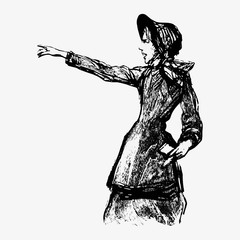 Woman pointing vintage drawing