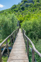 A winding village bridge leads across the river to the village.