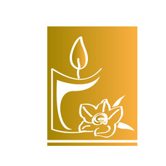 Isolated candle icon with a flower in a golden button. Spa logo. Vector illustration design