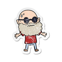 distressed sticker of a cartoon worried man with beard and sunglasses