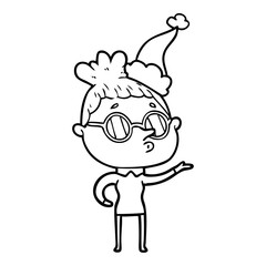 line drawing of a woman wearing glasses wearing santa hat