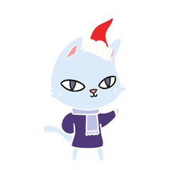 flat color illustration of a cat staring wearing santa hat
