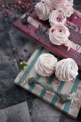 Traditional Russian homemade merengue marshmallow or zephyr on a vintage tray on wooden background. Copy space