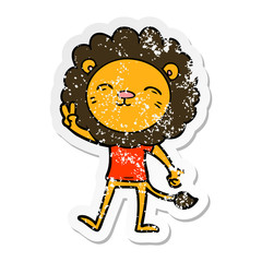 distressed sticker of a cartoon lion giving peac sign