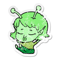 distressed sticker of a cute alien girl cartoon