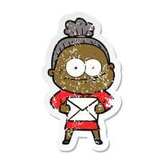 distressed sticker of a cartoon happy old woman