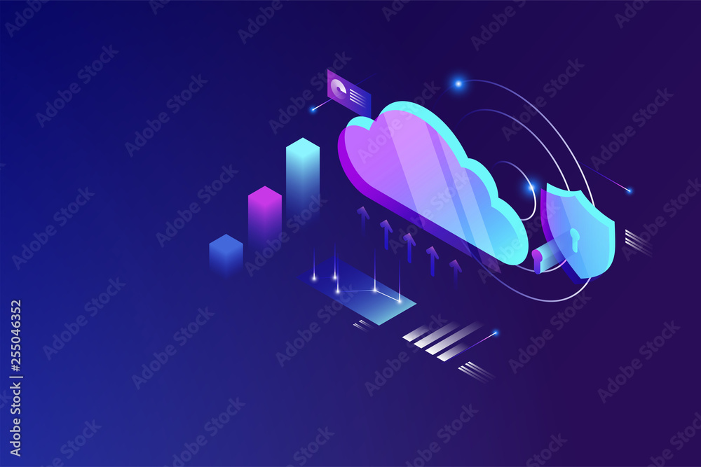 Poster cloud data computing isometric concept. cloud online data storage technology