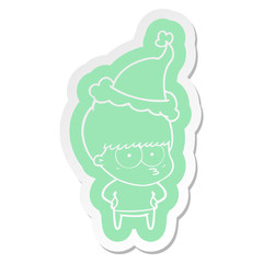 nervous cartoon  sticker of a boy wearing santa hat