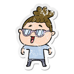 distressed sticker of a cartoon happy woman wearing spectacles