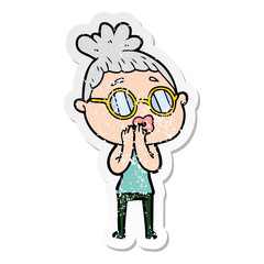 distressed sticker of a cartoon woman wearing spectacles