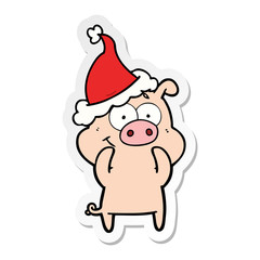 happy sticker cartoon of a pig wearing santa hat